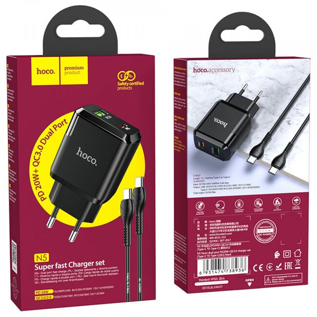 Incarcator priza USB, Type-C 20W + cablu tip C Hoco N5, negru