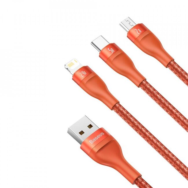 Cablu De Date 3in1 Lightning, Micro-USB, Type-C 1.2m 5A  Baseus, portocaliu, CA1T3-07