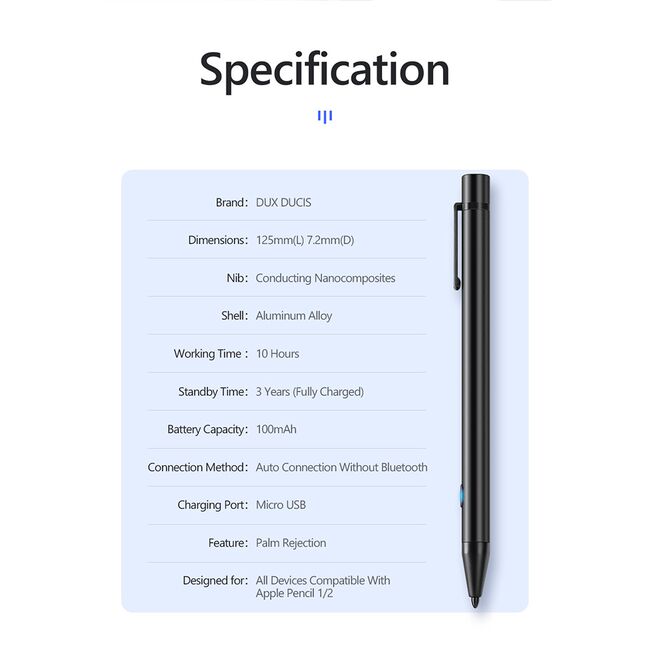 Stylus Pen Mini Dux Ducis Palm Rejection Pentru Tablete iPad - Negru