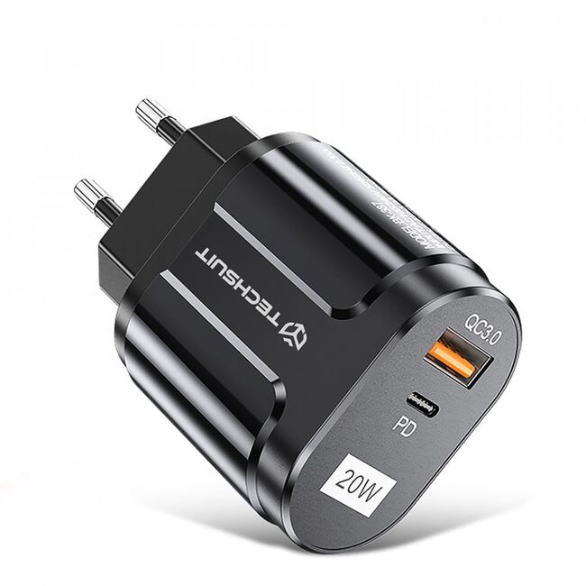 Incarcator priza qc 3.0, 20w, usb-a, usb-c, techsuit premium - negru