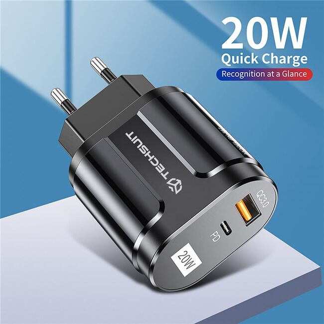 Incarcator priza qc 3.0, 20w, usb-a, usb-c, techsuit premium - negru