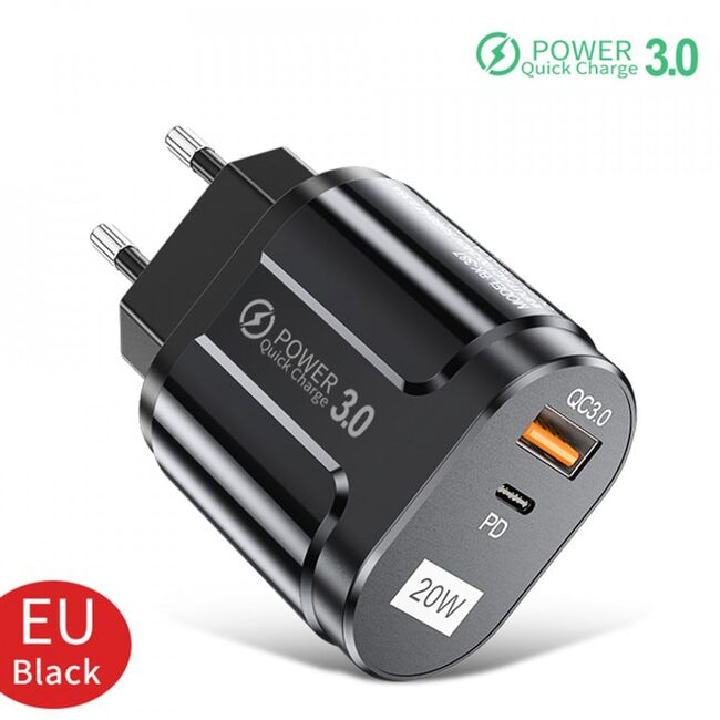 Incarcator priza qc 3.0, 20w, usb-a, usb-c, techsuit premium - negru