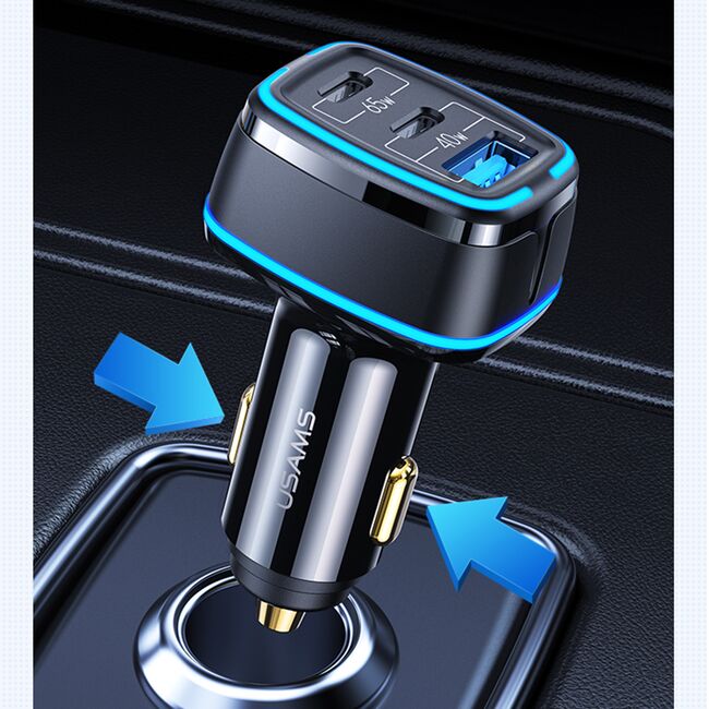 Incarcator auto Usams 2x USB-C 65W + USB 40W, 105W, negru, US-CC141