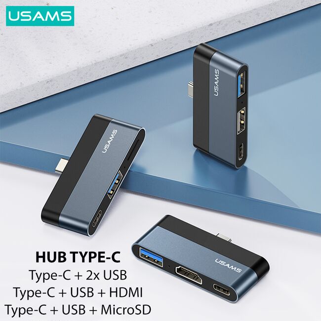 Hub Type-C OTG USAMS la 2x USB, Type-C, 60W, gri, US-SJ490