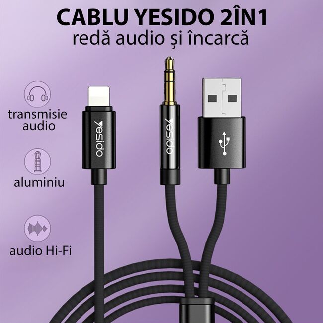 Adaptor audio iPhone, USB + Jack la Lightning Yesido YAU-18, negru