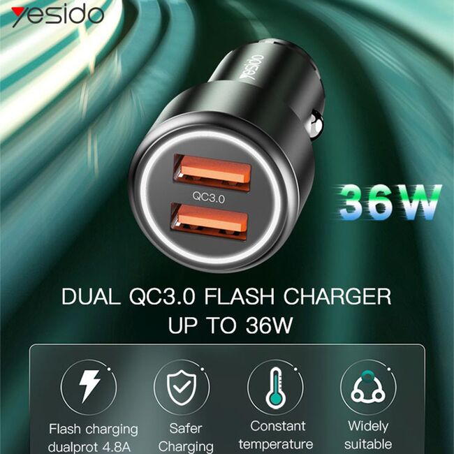 Incarcator auto Fast Charge Yesido Y43 2x USB 3.0, 36W, negru