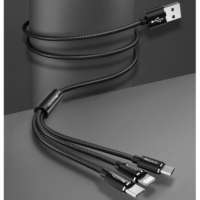 Cablu de date Lightning, Type-C, Micro-USB Yesido CA60, 3A 60W, 1.2m, negru