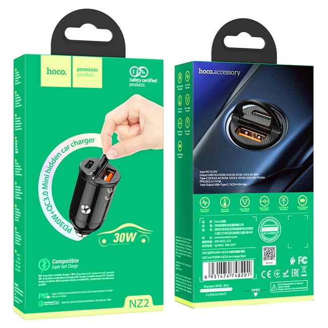Incarcator masina USB-A, USB Type-C, QC 3.0,PD 30W, 4.8A Hoco NZ2, negru