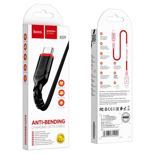Cablu USB - USB Type-C Fast Charge 3A la USB-A Hoco X59, 1m, negru
