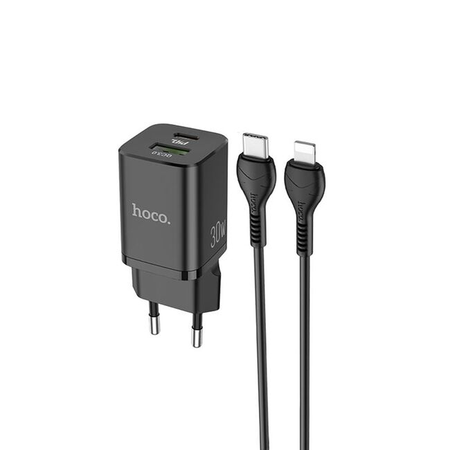 Incarcator priza USB, tip C 30W Hoco N13 + cablu iPhone, negru