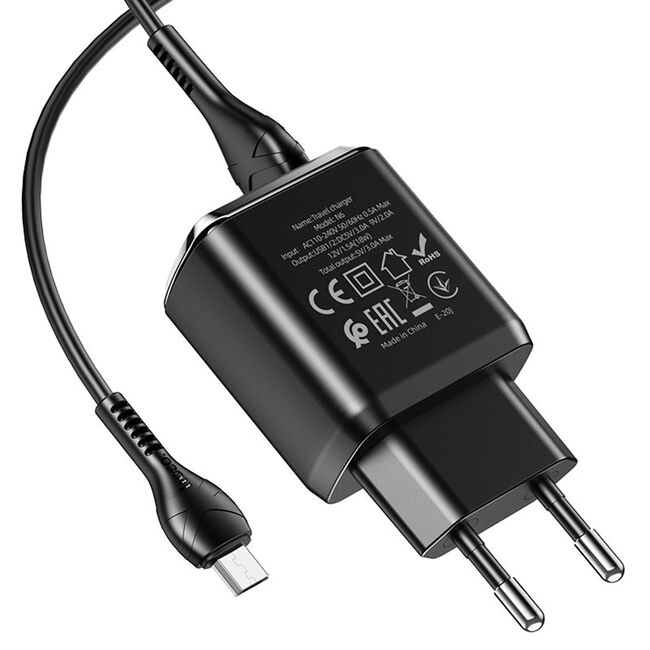 Incarcator Priza 2xUSB-A, Q.C 3.0, 18W, 3.0A + Cablu Micro-USB 1mHoco, N6 Charmer, Negru