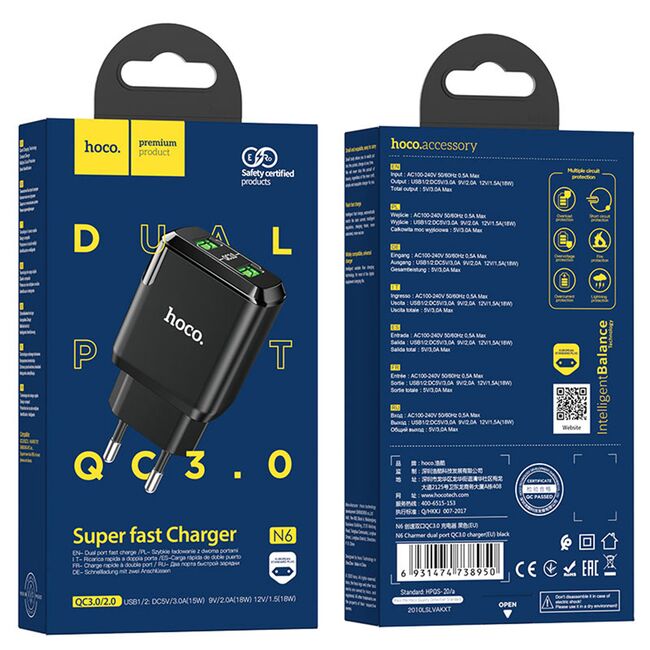 Incarcator Fast Charger 2xUSB-A, Q.C 3.0, 18W, 3.0A Hoco N6, negru