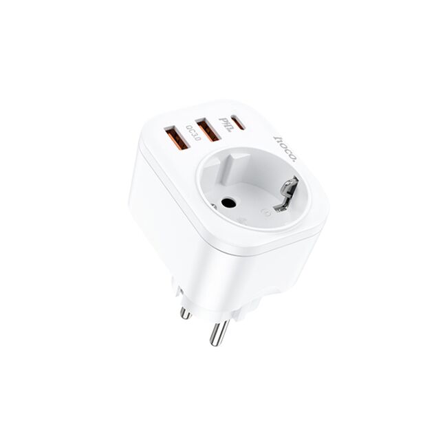 Incarcator fast charge pentru priza 2 x USB 3.0 QC 20W, 1 x USB-C PD 18W, 1 x Shucko, incarcator Type-C Hoco NS3, alb