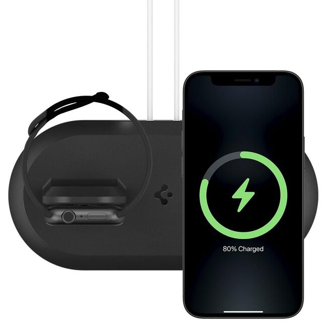 Incarcator wireless 2 in 1 pentru iPhone si Apple Watch cu MagSafe Spigen, negru