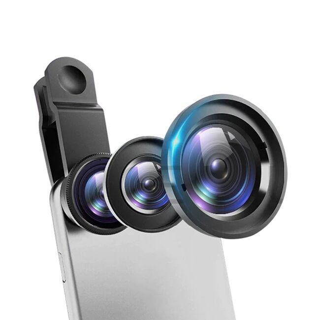 Set 3 Lentile pentru telefon Macro, Wide Angle, Fish Eye HD Glass Lens Cover, negru