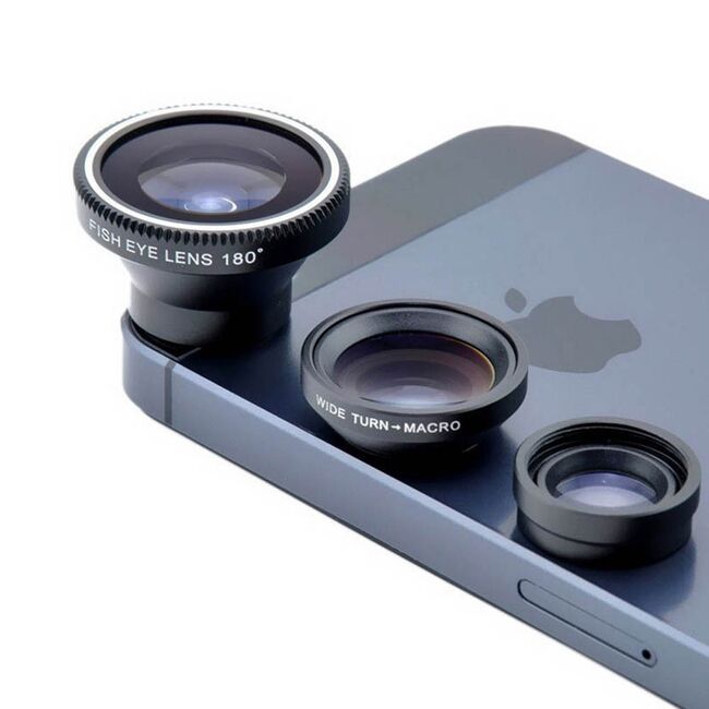 Set 3 Lentile pentru telefon Macro, Wide Angle, Fish Eye HD Glass Lens Cover, negru