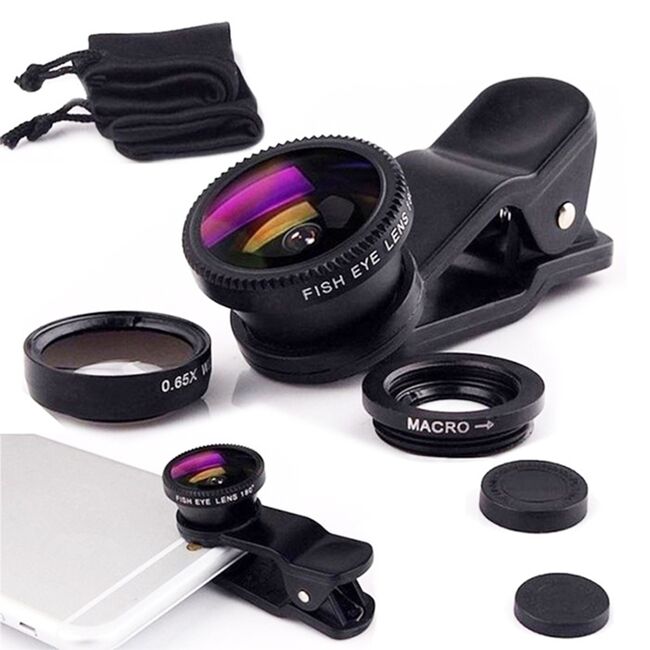 Set 3 Lentile pentru telefon Macro, Wide Angle, Fish Eye HD Glass Lens Cover, negru