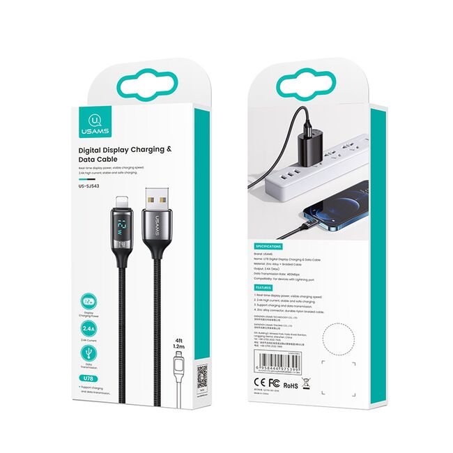 Cablu de date iPhone Fast Charge Usams U78, PD, 12W, Digital Display, Fast Charge, 1.2m, negru