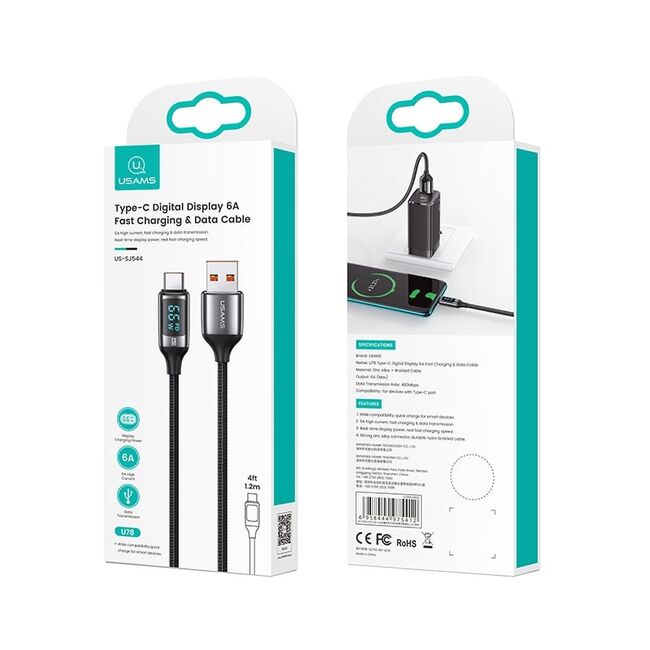 Cablu de date USB la tip C PD66W Usams U78, 6A, Type-C, PD, 66W, Digital Display, Fast Charge, 1.2m, negru