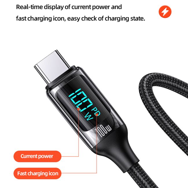 Cablu de date USB-C la Type-C 100W, PD, Fast Charge, 1.2m, Digital Display, Usams U78, negru