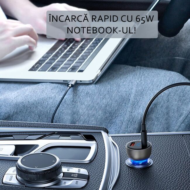 Incarcator auto Baseus, Type-C PD3.0, USB QC4.0, 65W, transparent, CCKX-C0A