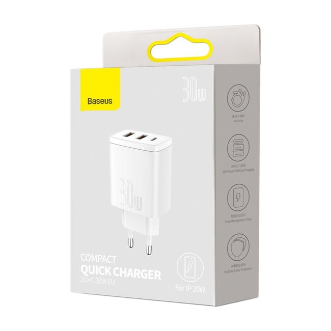 Incarcator priza 2xUSB, Type-C 30W PD Baseus, alb, CCXJ-E02
