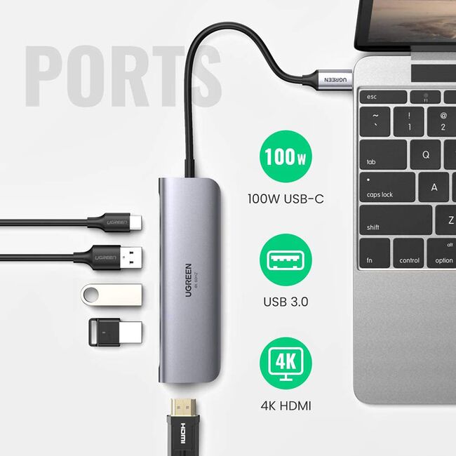 Hub USB, tip C, HDMI, PD 100W Ugreen, 4K x 2K 60Hz, 70495, silver