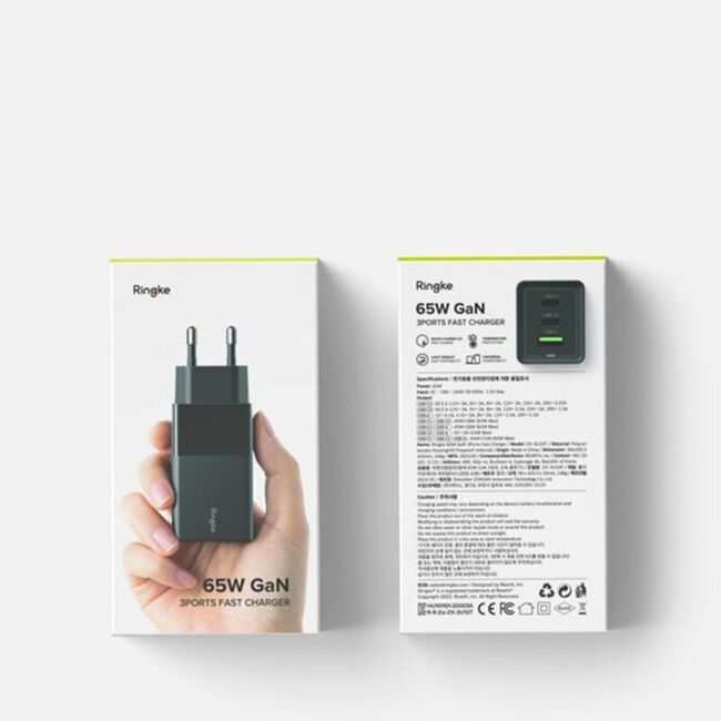 Statie de incarcare pentru priza Ringke 1 x USB 3.0, 2 x Type-C, GaN Fast Charging 65W - negru