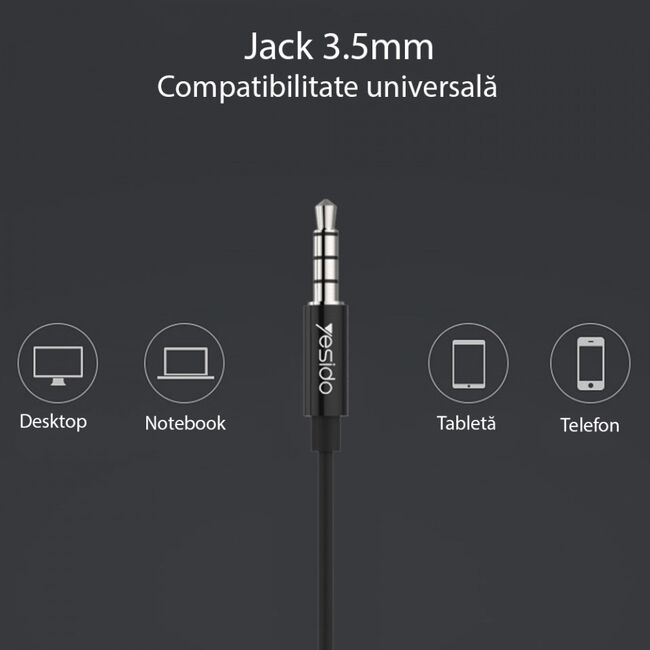 Casti in-ear, stereo (yh-16) cu microfon, jack 3.5mm, 1.2m, yesido - negru