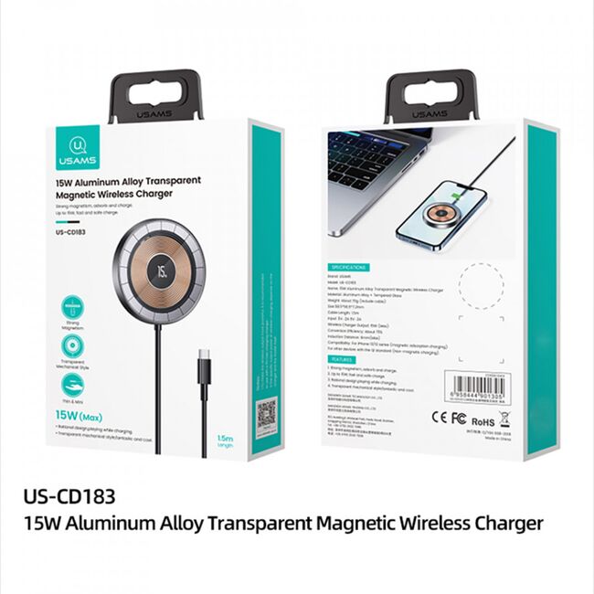 Incarcator wireless magsafe transparent, cablu type-c, 15w, usams (us-cd183) - negru