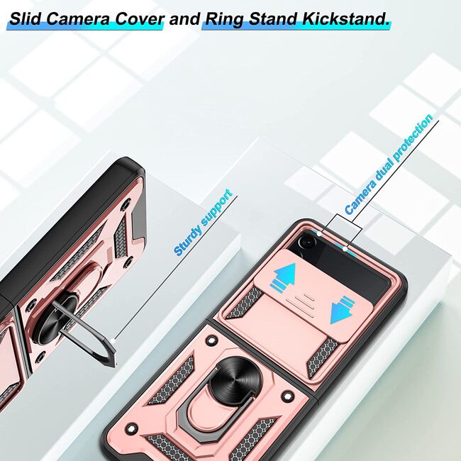 Husa pentru Samsung Galaxy Z Flip 4 cu inel Ring Armor Kickstand Tough, protectie camera, rose gold