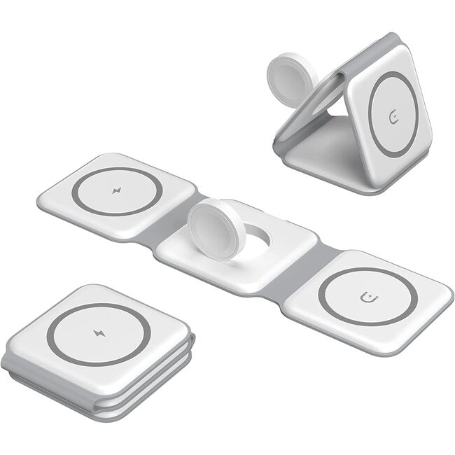 Incarcator wireless 3 in 1 pentru iPhone, Apple Watch, Airpods cu MagSafe 15W, pliabil, alb