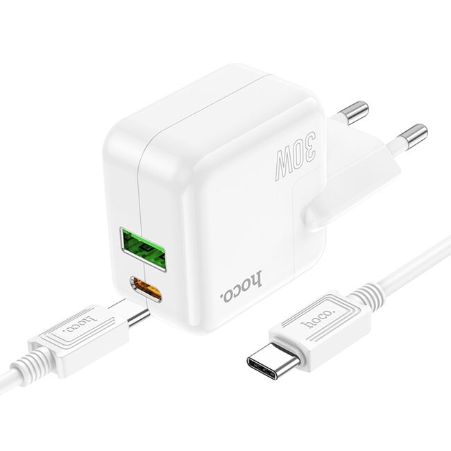 Incarcator Fast Charging pentru seria iPhone 15, 1 x USB 1 x USB Type-C Hoco C111A + cablu USB-C, 30W, negru