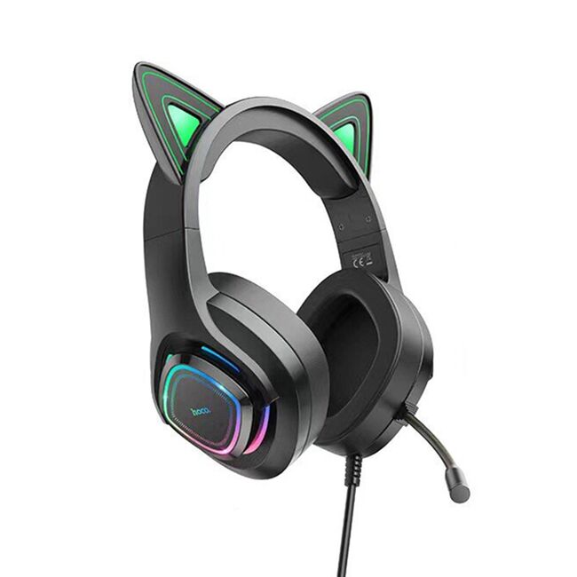 Casti gaming urechi pisica si microfon Hoco W107, negru-verde