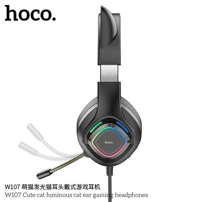 Casti gaming urechi pisica si microfon Hoco W107, negru-verde