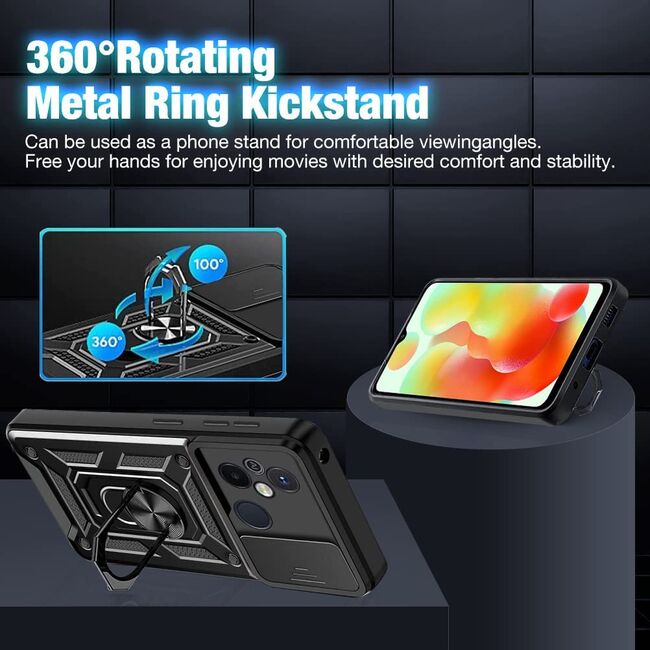 Husa pentru Xiaomi Redmi 12C cu inel Ring Armor Kickstand Tough, protectie camera (negru)