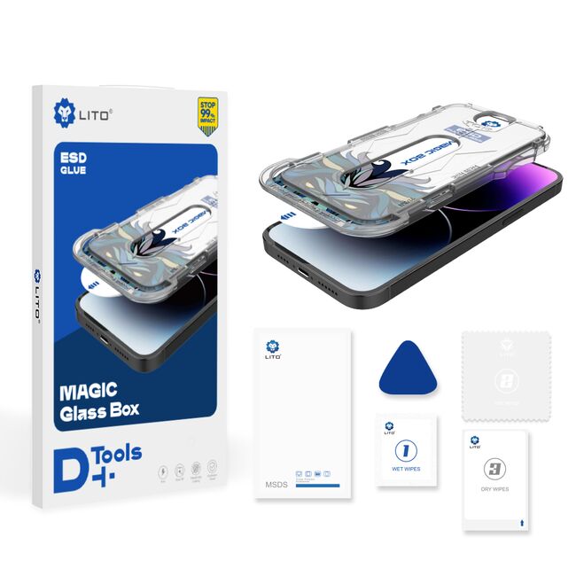 Folie sticla iPhone 13, 13 Pro Lito Magic Glass Box D+ Tools cu aplicator, transparenta