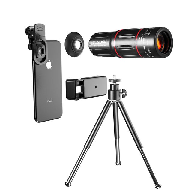 Teleobiectiv smartphone 28x, set lentila zoom pentru telefon cu trepied, HD Lanthanide Glass, Connection & E-Clip, negru