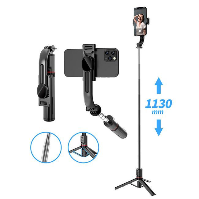 Selfie stick cu trepied telescopic si telecomanda wireless bluetooth, unghi de inclinare reglabil, rotire la 360° lungime reglabila 30-113 cm, negru