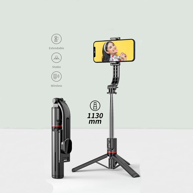 Selfie stick cu trepied telescopic si telecomanda wireless bluetooth, unghi de inclinare reglabil, rotire la 360° lungime reglabila 30-113 cm, negru