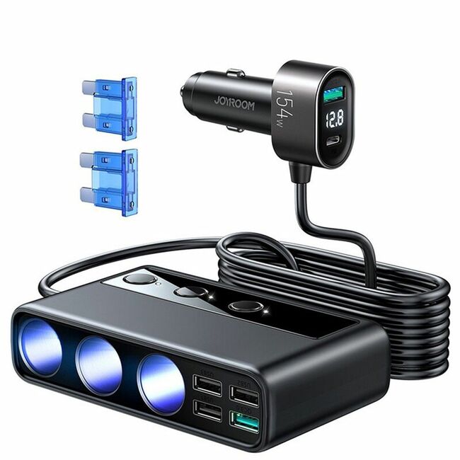 Incarcator auto cu splitter JoyRoom - Car Charger (JR-CL06) - Ports Extensions 3 x Cigarette Lighter, 5 x USB, Type-C, Fast Charge 145W, PD 20W - negru