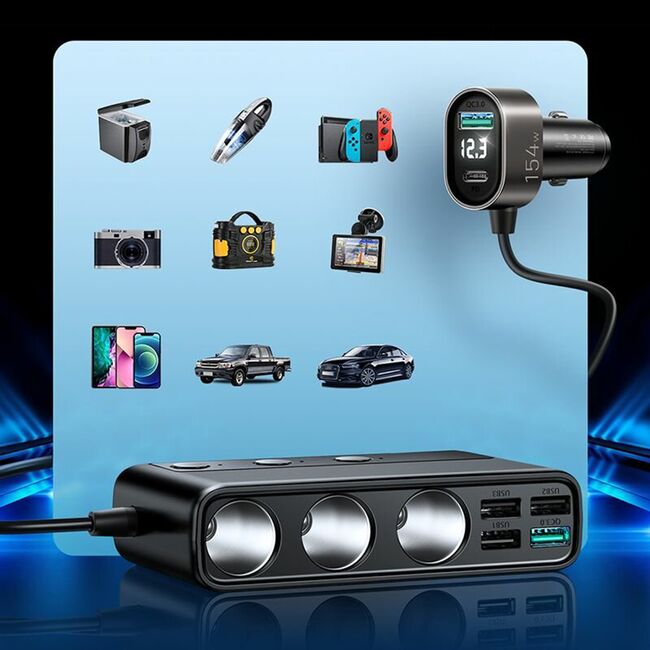 Incarcator auto cu splitter JoyRoom - Car Charger (JR-CL06) - Ports Extensions 3 x Cigarette Lighter, 5 x USB, Type-C, Fast Charge 145W, PD 20W - negru