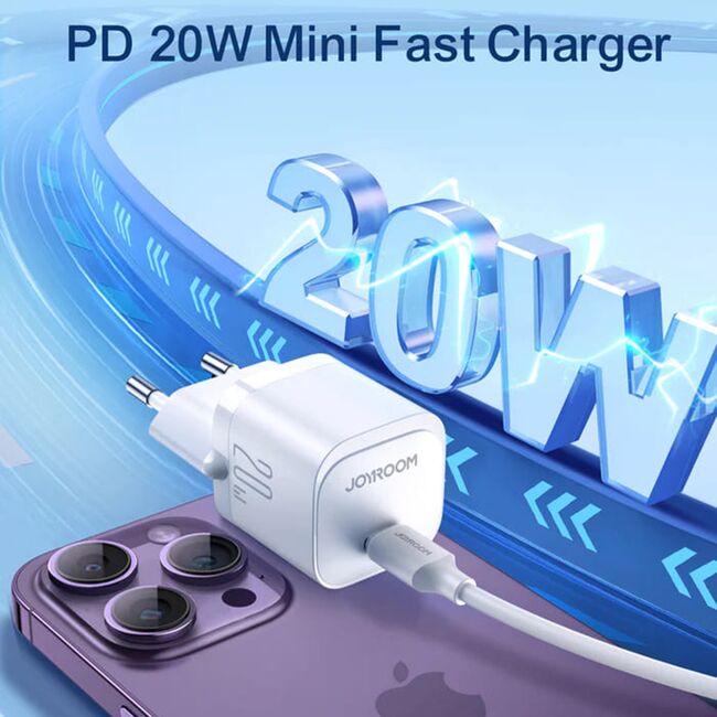 Incarcator priza fast charge JoyRoom - (JR-TCF02) - PD 20W cu Cablu Type-C la Lightning (iPhone) - alb