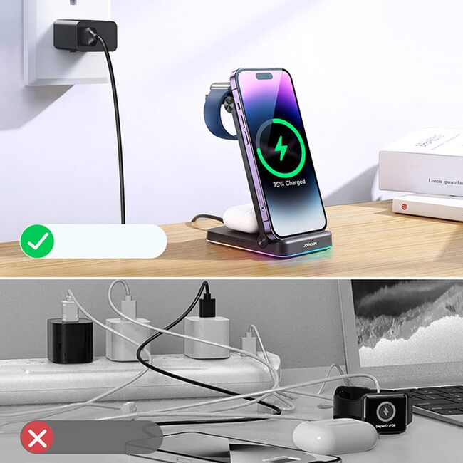 Statie de incarcare JoyRoom - Wireless Charging Station 3 in 1 (JR-WQN01) pentru iPhone, Apple Watch, AirPods, 15W, pliabil, cu Cablu USB Type-C - negru