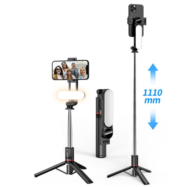 Selfie stick cu trepied telescopic si lampa LED detasabila, wireless bluetooth, unghi de inclinare reglabil, inaltime reglabila pana la 111 cm, negru