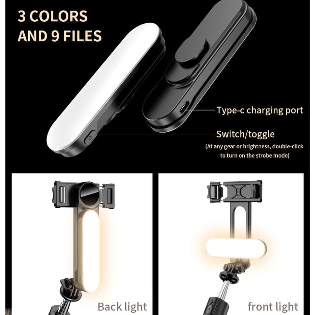 Selfie stick cu trepied telescopic si lampa LED detasabila, wireless bluetooth, unghi de inclinare reglabil, inaltime reglabila pana la 111 cm, negru