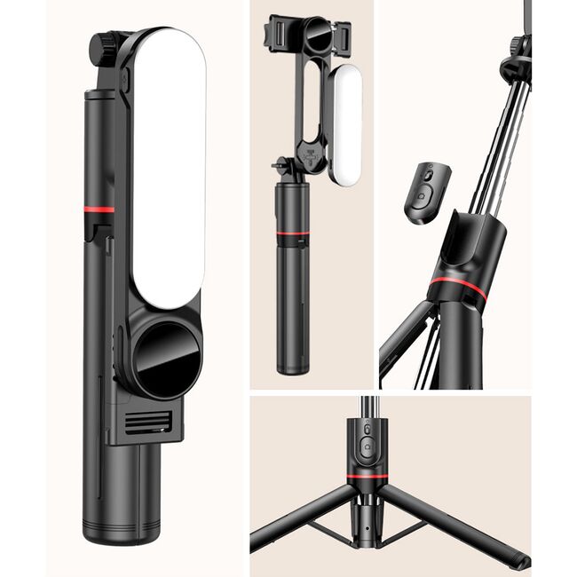 Selfie stick cu trepied telescopic si lampa LED detasabila, wireless bluetooth, unghi de inclinare reglabil, inaltime reglabila pana la 111 cm, negru