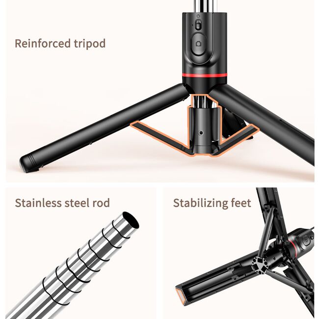 Selfie stick cu trepied telescopic si lampa LED detasabila, wireless bluetooth, unghi de inclinare reglabil, inaltime reglabila pana la 111 cm, negru