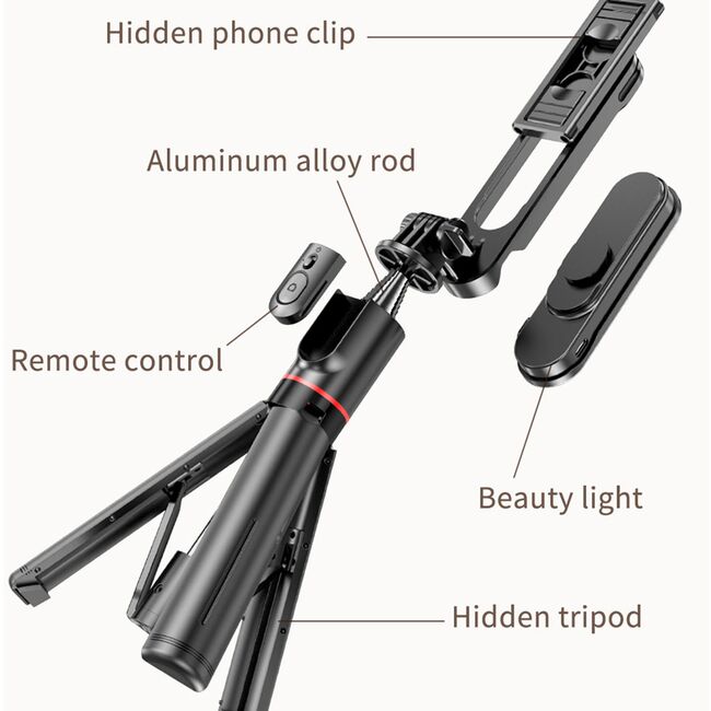 Selfie stick cu trepied telescopic si lampa LED detasabila, wireless bluetooth, unghi de inclinare reglabil, inaltime reglabila pana la 111 cm, negru