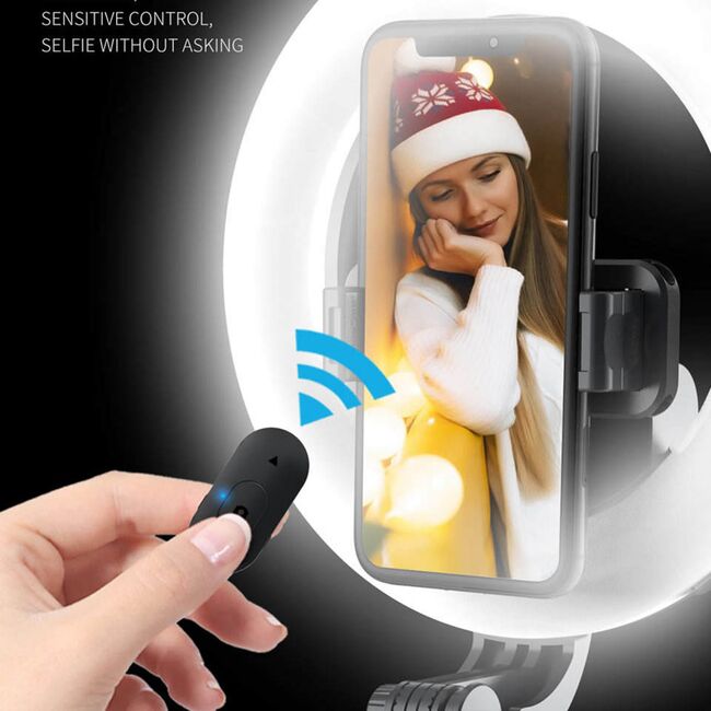 Selfie Stick cu Tripod si Selfie Ring Light, telecomanda wireless Bluetooth Remote Control, lunigme max 80cm - negru
